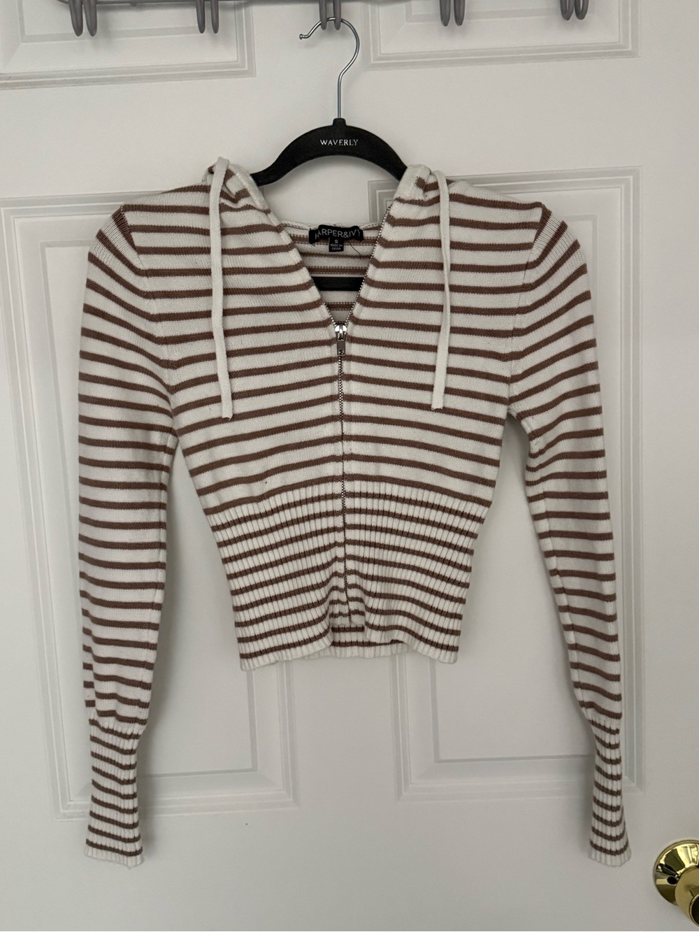 Harper and Ivy Brown & White Striped Hooded Zip Sweater